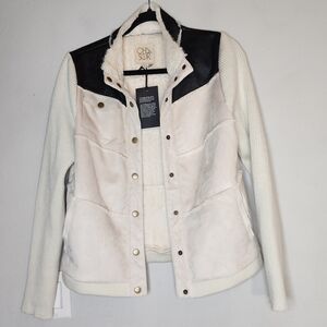 NWT Chaser Faux Suede Cream Jacket Sweater Sleeves Soft Faux Fur Lined Sz Large
